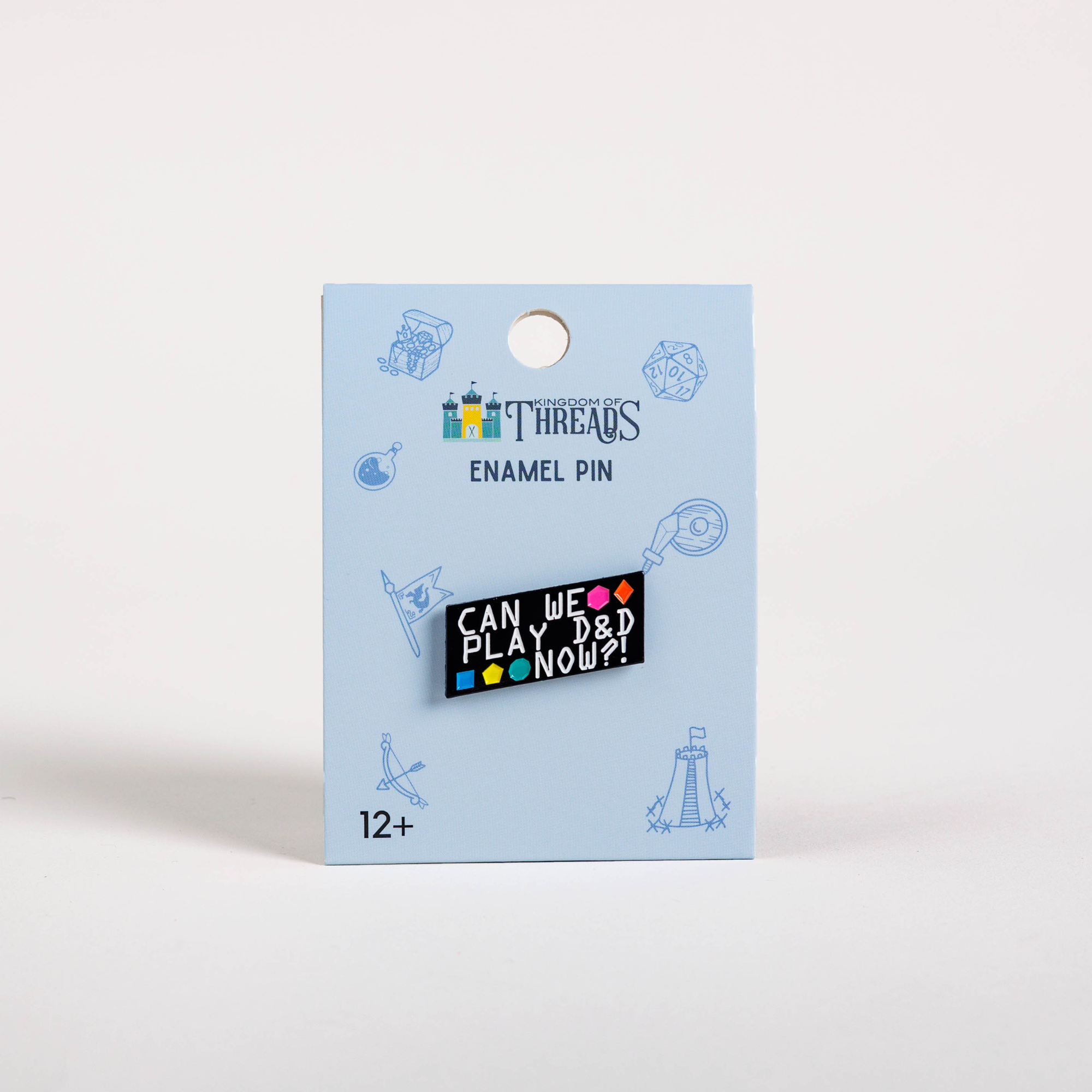 Can We Play D&D Now? enamel pin displayed on a blue card with dice symbols and doodles.
