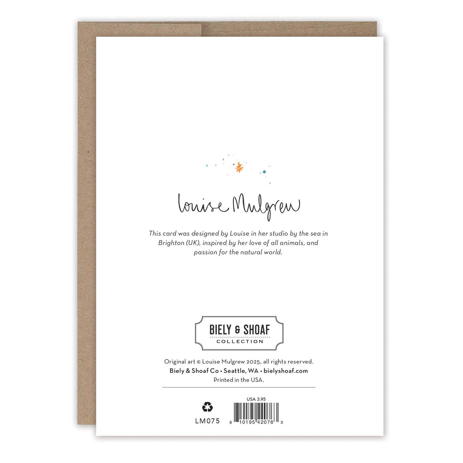 Back of Disco Ball Birthday Card with Louise Mulgrews bio, Bieley & Shoaf logo, and copyright info.