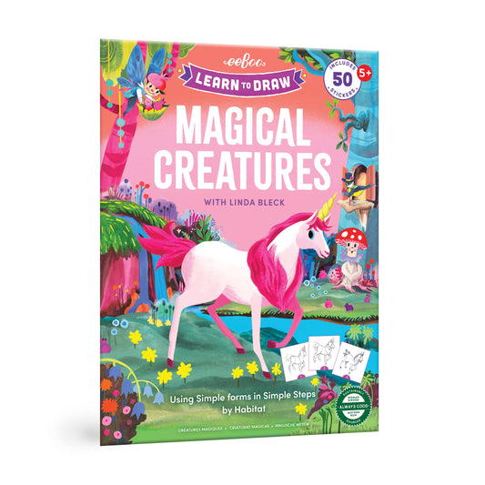 Learn to Draw Magical Creatures with Stickers book cover featuring a pink unicorn, fairy, gnome, and forest scene.