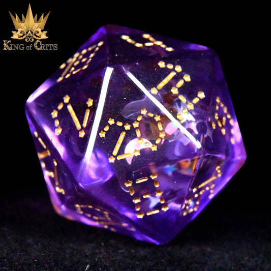 Moonlit Night 12-piece translucent purple DND dice set with gold-on-black numbers and King of Crits logo.