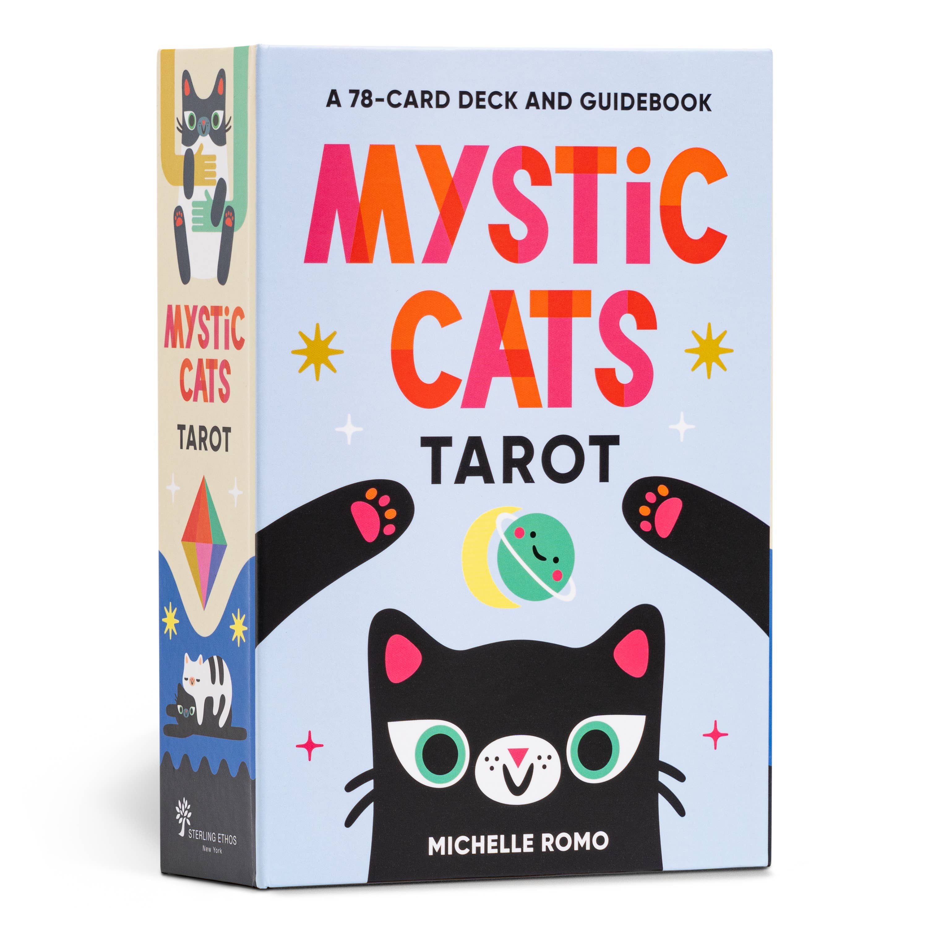 Mystic Cats Tarot 78-card deck and guidebook in a pastel box with black cat illustration and bold lettering.