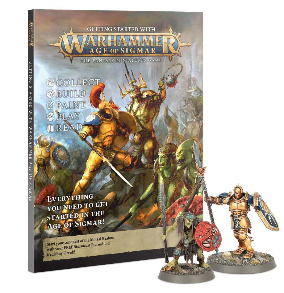 Getting Started with Age of Sigmar starter guide and two painted Citadel miniatures.