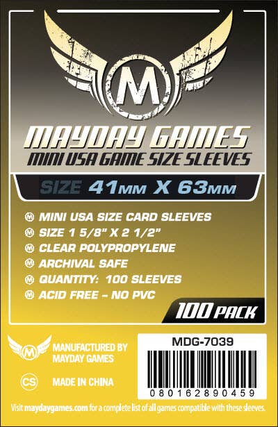 Mini USA Game Size Sleeves 41x63mm, 100 pack, yellow; packaging shows product info and barcode.
