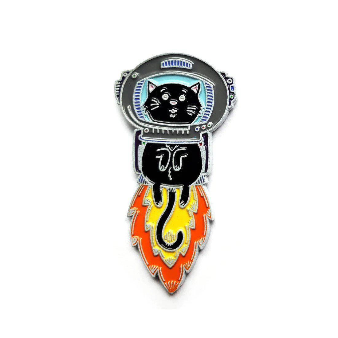 Kolorspun Astrokitty Enamel Pin, Standard Packaging; features a black cat in a helmet soaring above smoke.