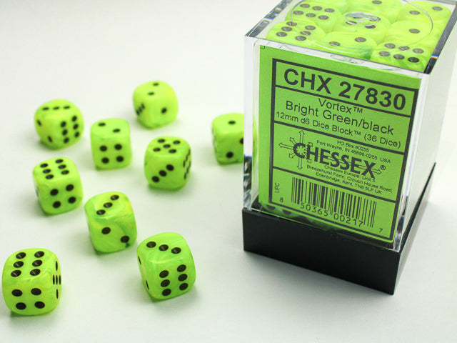 Speckled 12mm d6 Dice Block (36) and loose dice, with a 16mm d6 Twilight Dice Block (12), in a clear container.