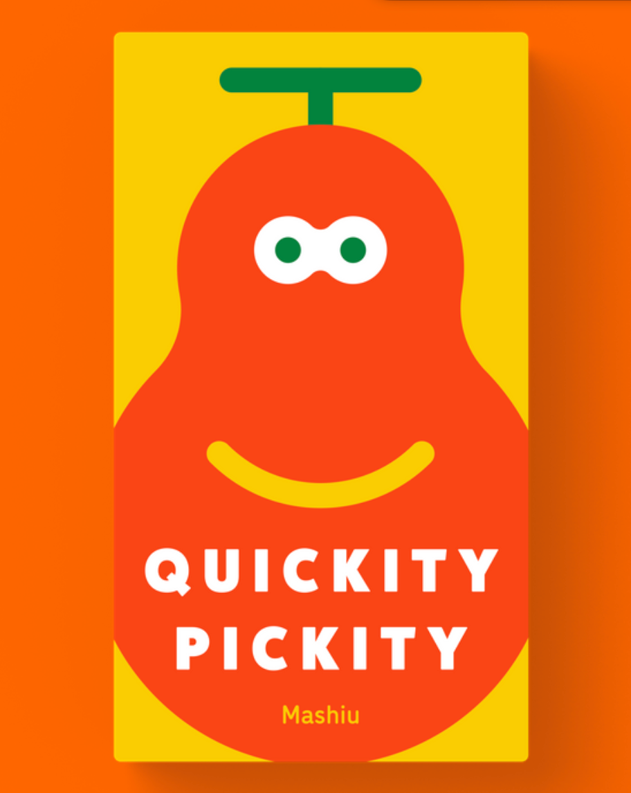 Quickity Pickity board game featuring an orange mascot with googly eyes and a smile.