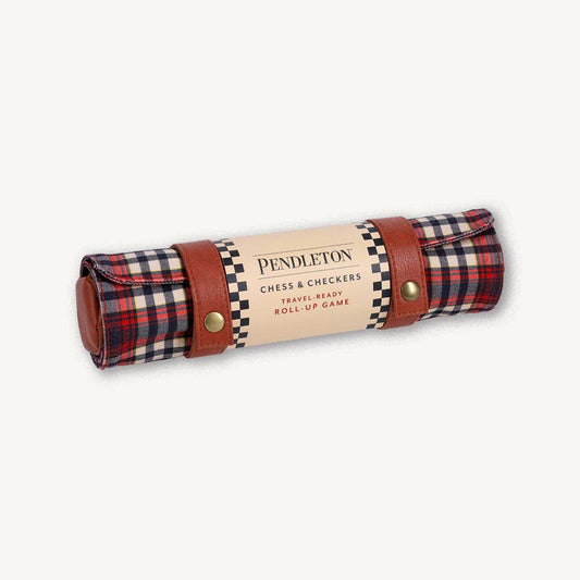Pendleton Red Black Check Pattern Chess & Checkers travel game set with plaid fabric and brown leather straps.