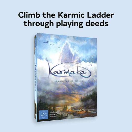 Karmaka card game box with mountains and the tagline: Climb the Karmic Ladder by playing deeds for the next life.