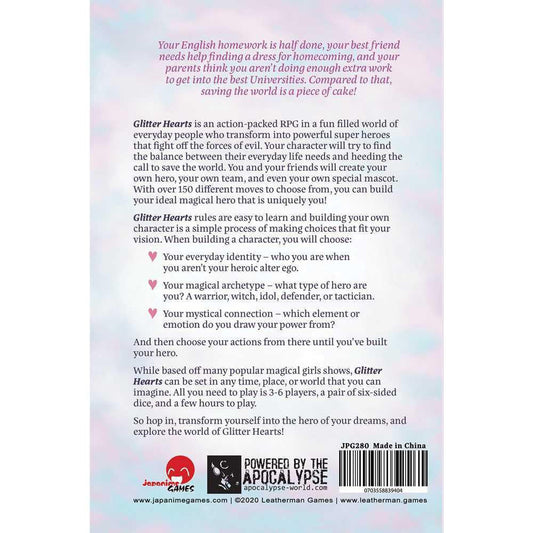 Back cover of Glitter Hearts roleplaying game featuring hero creation and adventure gameplay description.