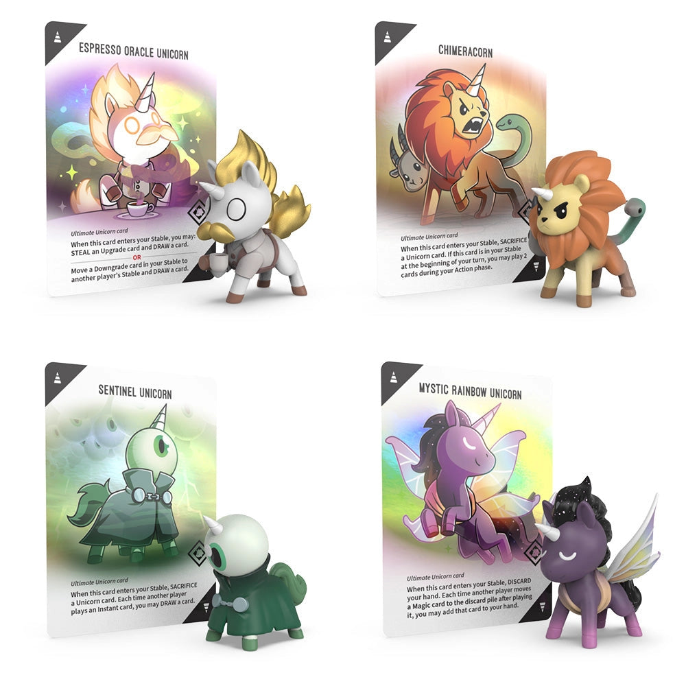 Four Unstable Unicorns Ultimate Vinyl Figure Blind Boxes with name cards displayed beside each box.