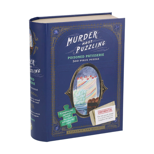 Murder Most Puzzling: Poisoned Patisserie 500-piece jigsaw puzzle in a blue book-shaped box.