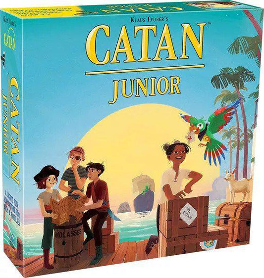 Catan Junior family board game with kids and a parrot on a tropical island, pirate-themed edition.