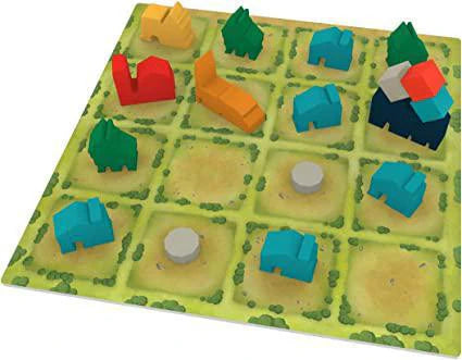 Strategy board game featuring colored buildings and trees on a grassy grid, inspired by Tiny Towns.