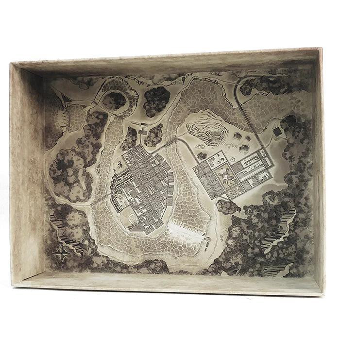 Rectangular tray engraved with a fantasy map showing town, roads, trees, and dark tones, inspired by Mantis Falls.