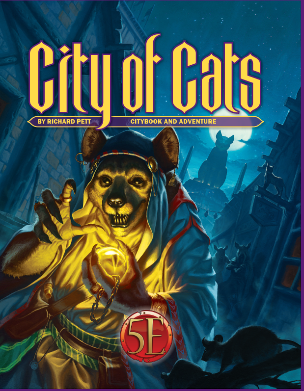 D&D 5E: City of Cats cover featuring an anthropomorphic cat in a robe with a staff and cat statues by a red emblem.