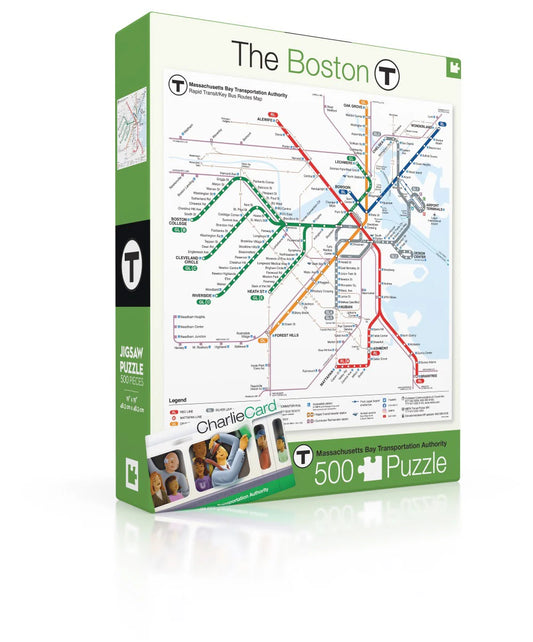 Boston T Map 500 Piece Puzzle with subway map and CharlieCard image, made in the USA.