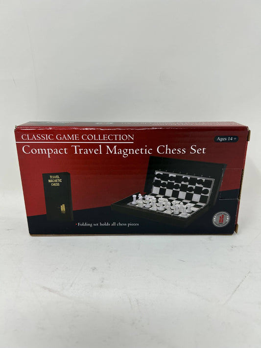 Travel Magnetic Chess portable set in a red box with magnetic chess pieces shown on the front.