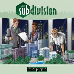 Subdivision city-building board game being planned by three men with documents and a model.