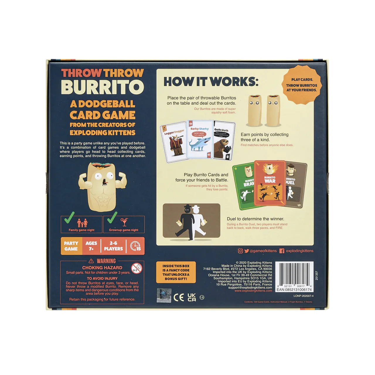 Back of Throw Throw Burrito box with game instructions, cards, and images of the burrito game pieces.
