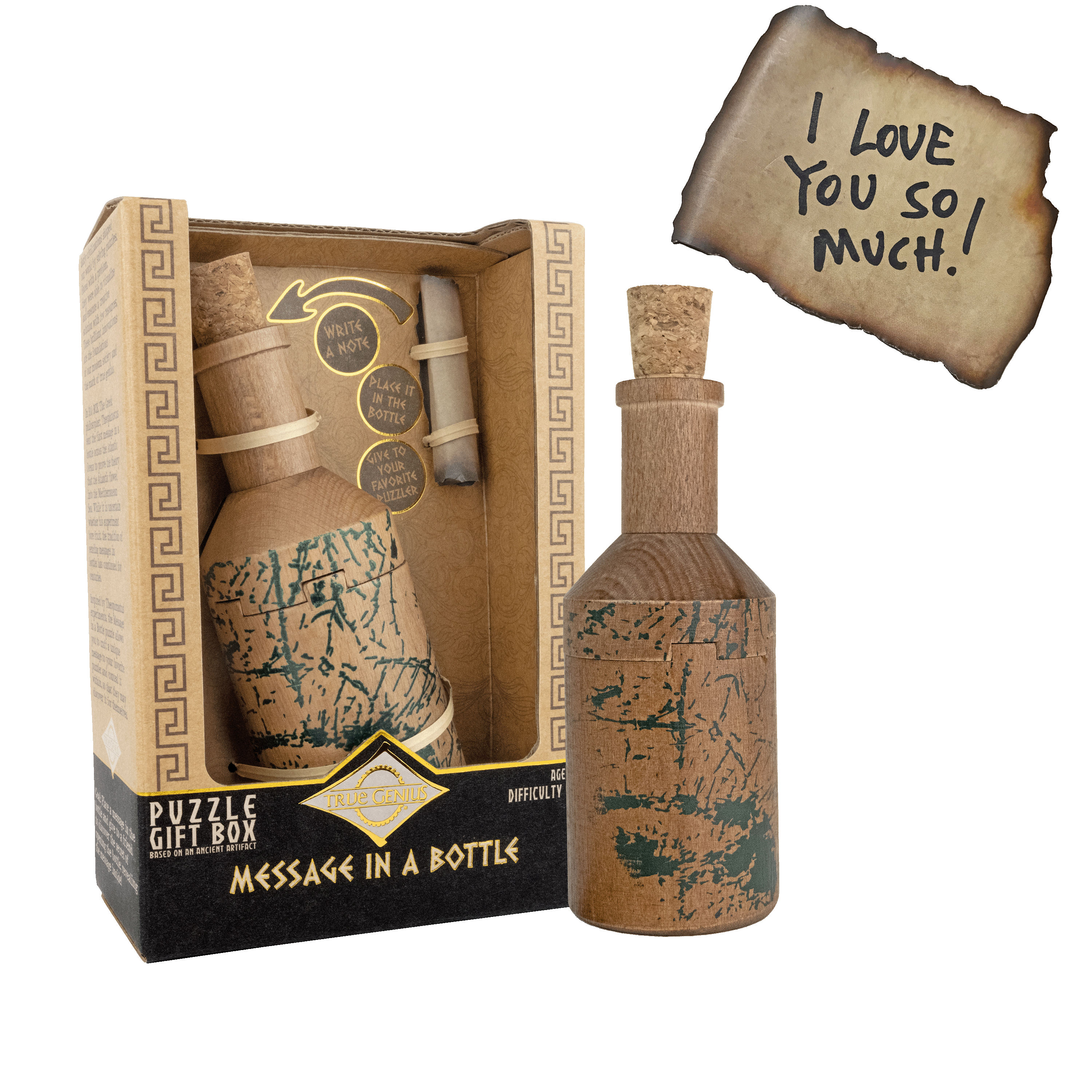 Message in a Bottle - Secret Puzzle Box: Wooden bottle puzzle containing an I love you so much message inside.