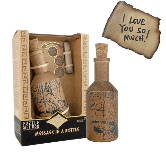 Message in a Bottle - Secret Puzzle Box: Wooden bottle puzzle containing an I love you so much message inside.