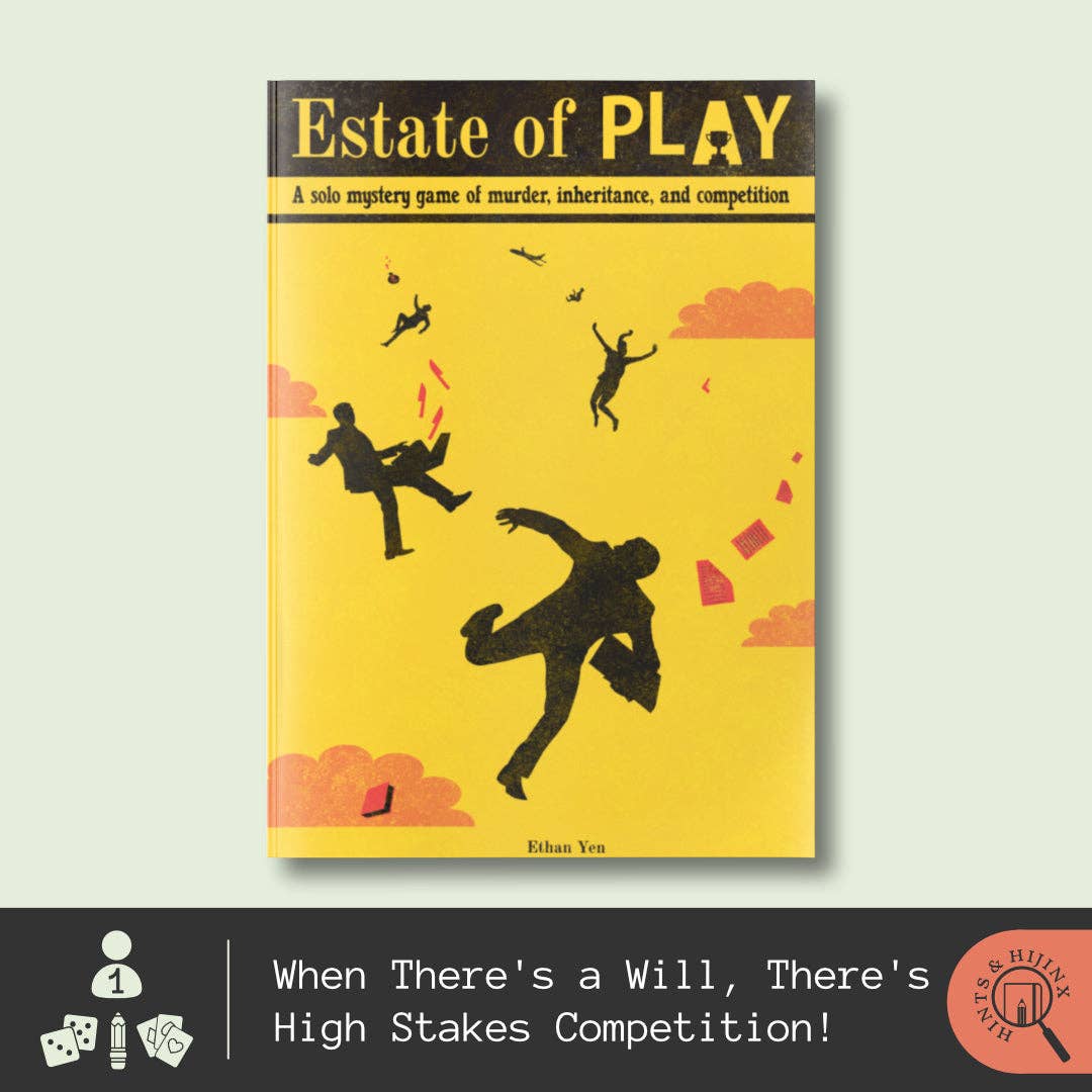 Estate of Play solo probate attorney game with yellow cover featuring falling people, papers, and hats.