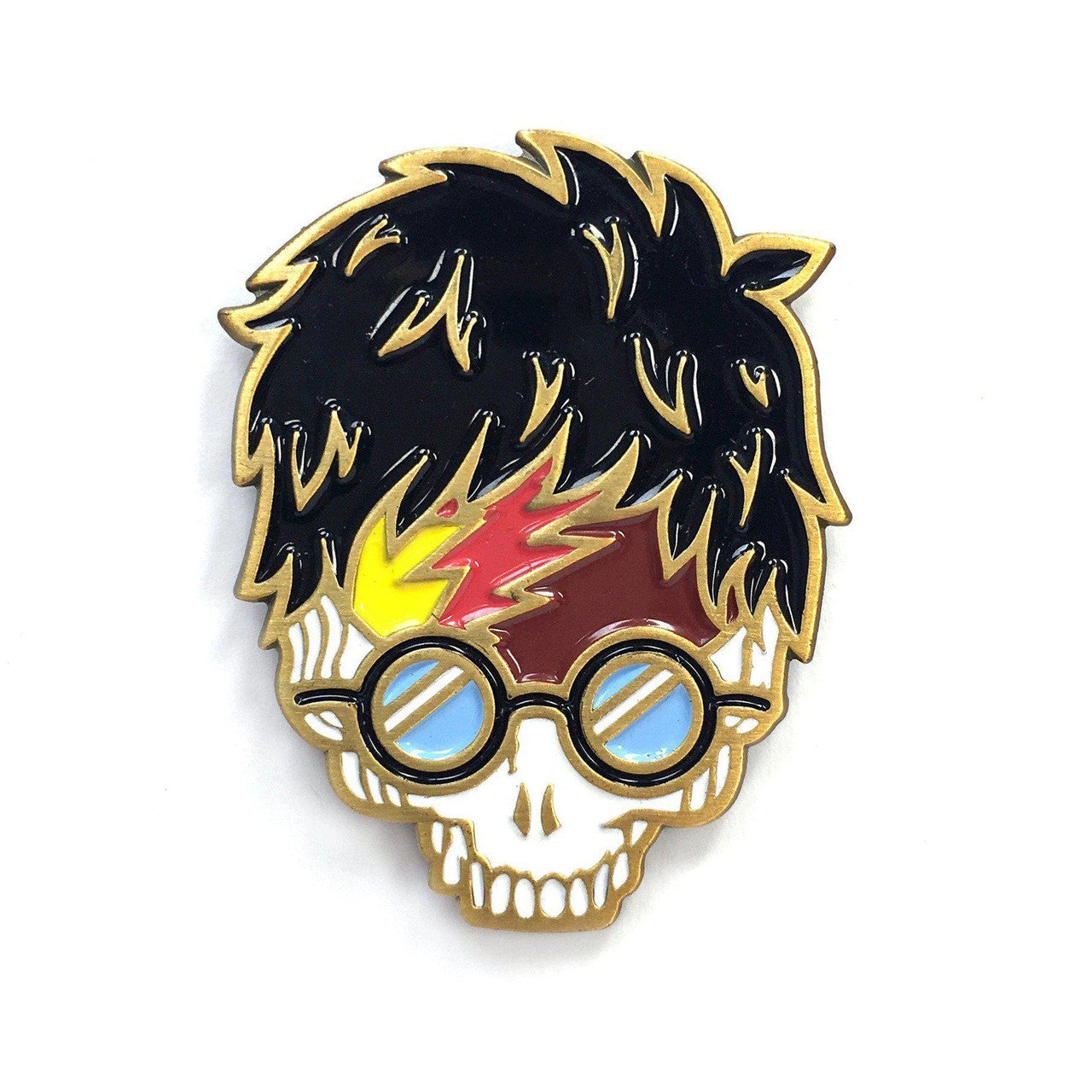 Kolorspun Jerry Potter Grateful Dead enamel pin with skull, glasses, messy hair, and lightning bolt.