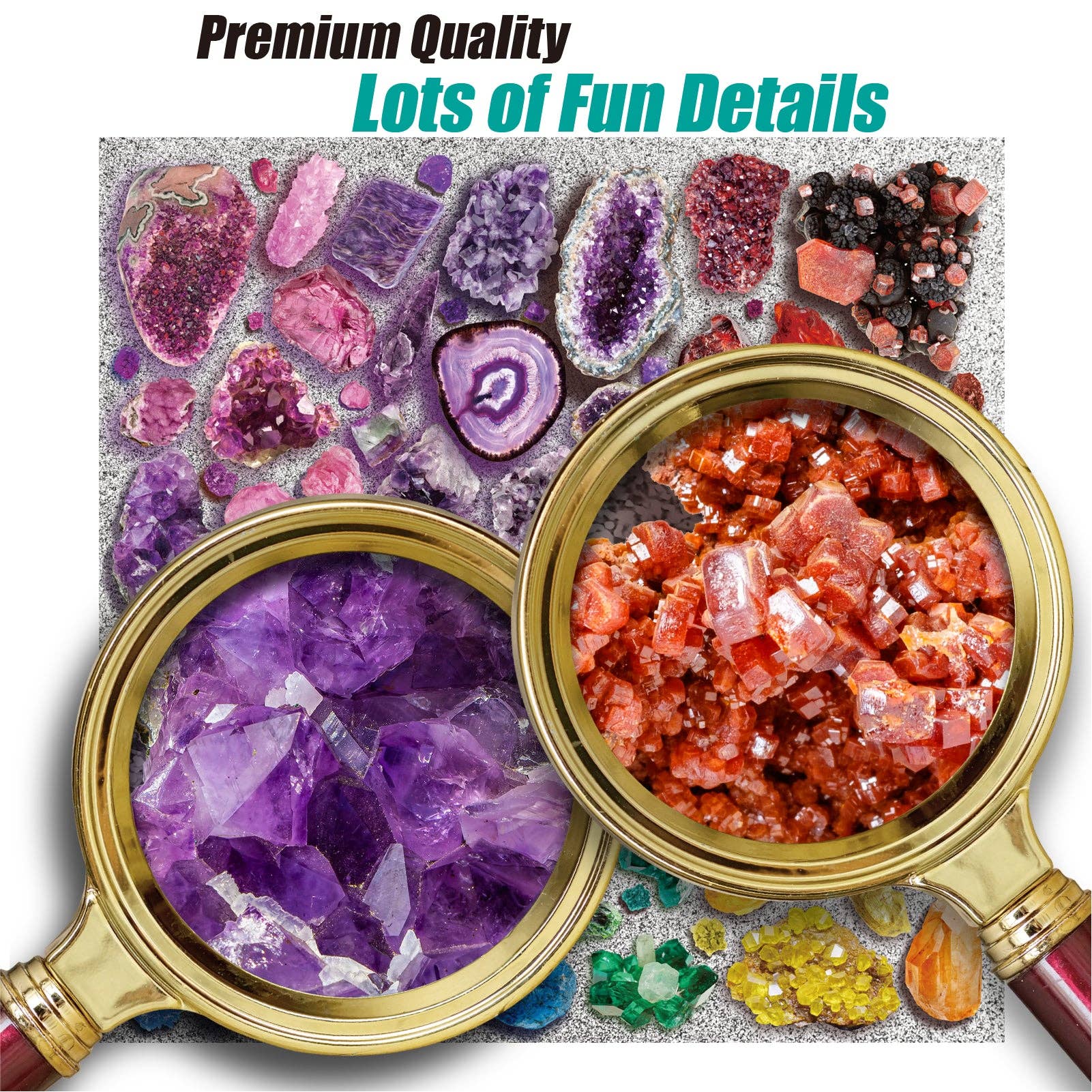 Chromatic Crystals 1000 Piece Jigsaw Puzzle featuring magnified red and purple crystals among assorted gems.