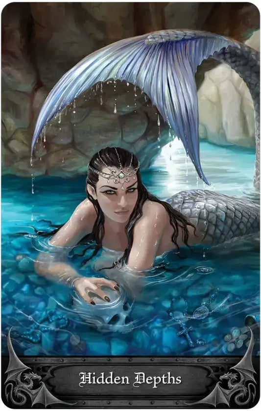 Anne Stokes Gothic Oracle card titled Hidden Depths with mermaid holding skull underwater in a cave.