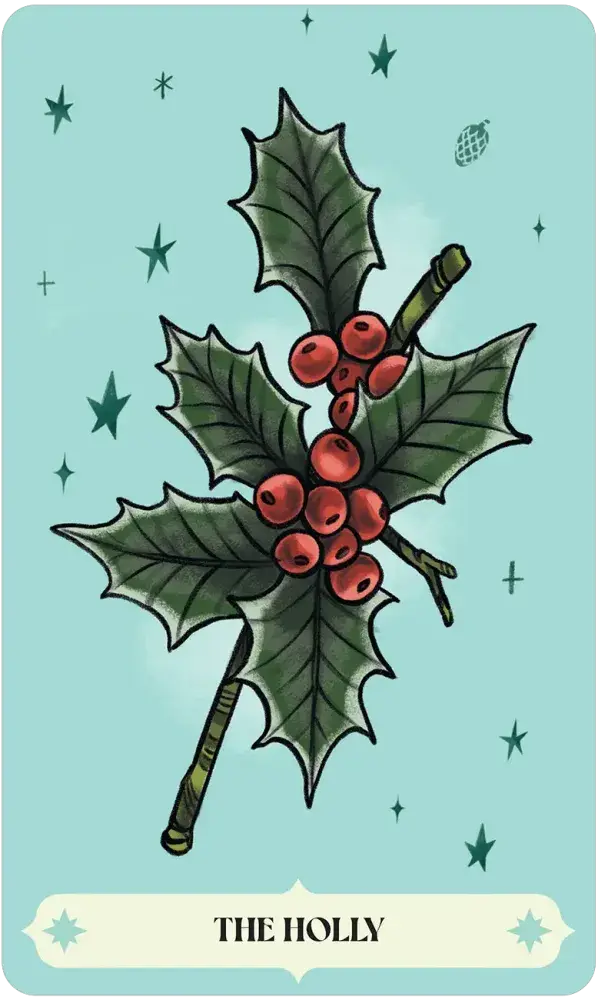 The Holly card from the Herbana Witch Oracle collection, showing holly leaves, berries, and stars on a blue background.