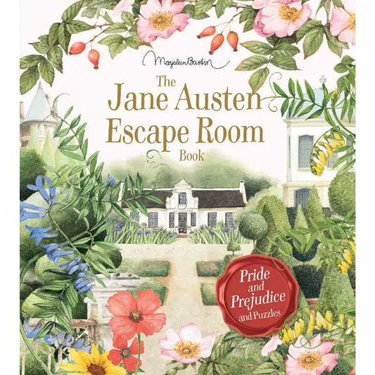 Jane Austen Escape Room Book: Pride and Prejudice and Puzzles cover with flowers, greenery, and a manor house.