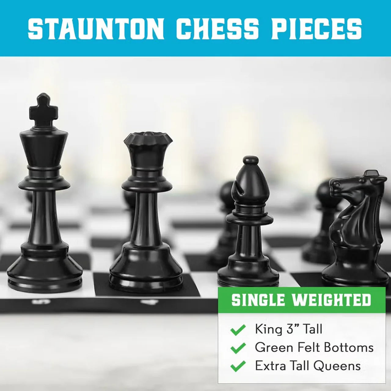Four black Staunton chess pieces from Travel Best Chess Set Ever on a silicone board, with size and features text visible.
