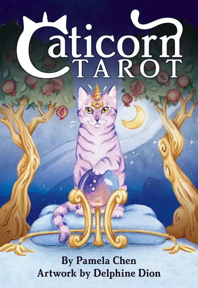 Caticorn Tarot cards displayed above a purple cat with a unicorn horn sitting on a cushion under trees.