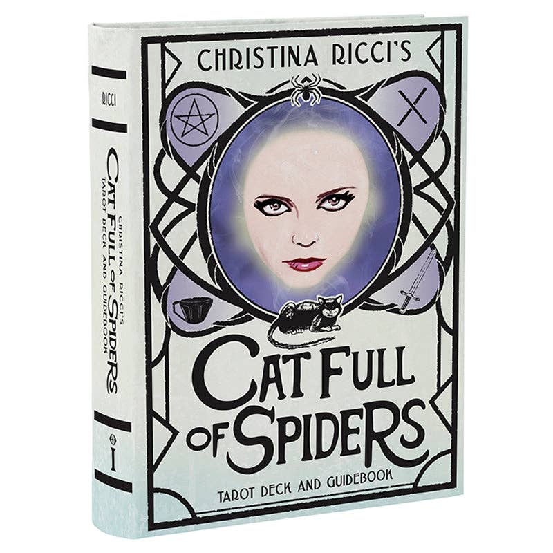 Christina Riccis Cat Full of Spiders Tarot Deck and Guidebook with cards and a cover showing a womans face.