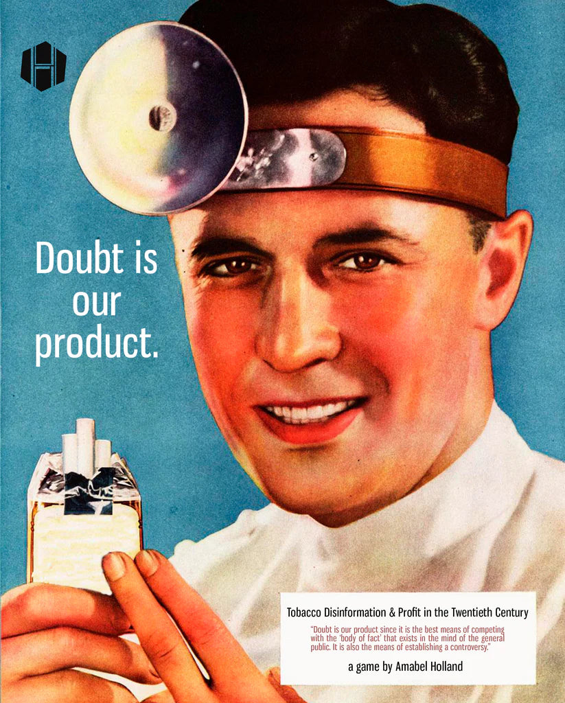 Doubt is Our Product: a tobacco industry board game, shown with a doctor holding the game pack and visible title text.