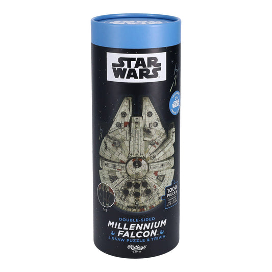 Ridleys 1000-piece Star Wars Millennium Falcon double-sided jigsaw puzzle and trivia in a cylindrical box.