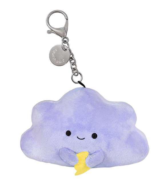 Squishable Micros plush purple cloud keychain with smiley face, yellow lightning bolt, and metal clasp.