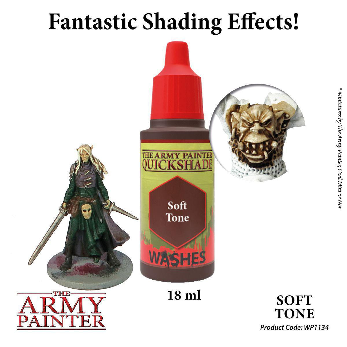 Quickshade Soft Tone Ink 18ml bottle with painted miniatures demonstrating shading effects.