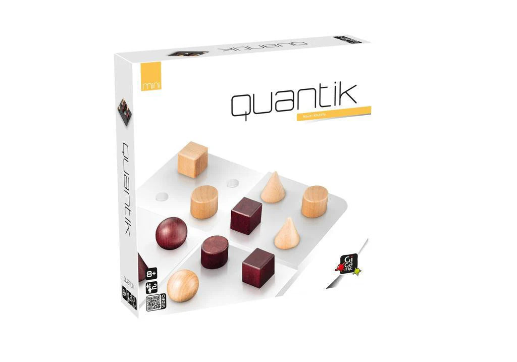 Quantik Mini strategy game with multicolored wooden pieces in various shapes on a white board.