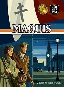 Maquis solo board game with two figures in coats, French flag, and title text on the box.