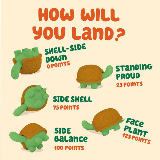 Tortoise Tumble game showing scoring: Shell-down 0, Standing 25, Side shell 75, Side balance 100, Face plant 125.