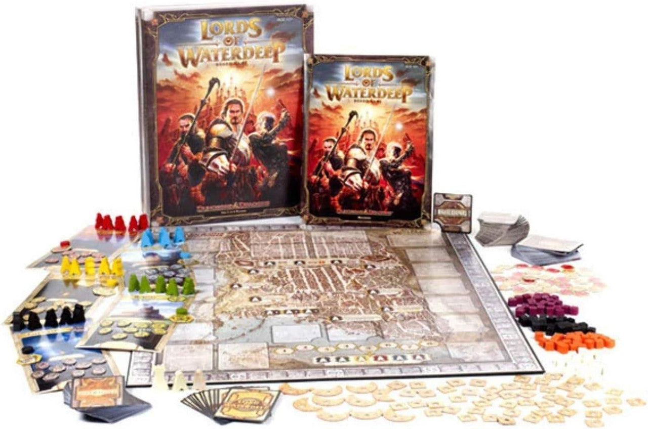 Lords of Waterdeep board game with board, cards, tokens, player pieces, and rulebooks displayed.