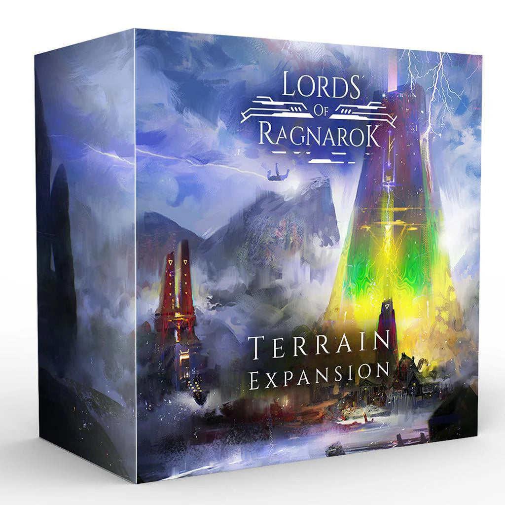 Lord of Ragnarok: Terrain Expansion with glowing tower and miniature game pieces shown on box art.