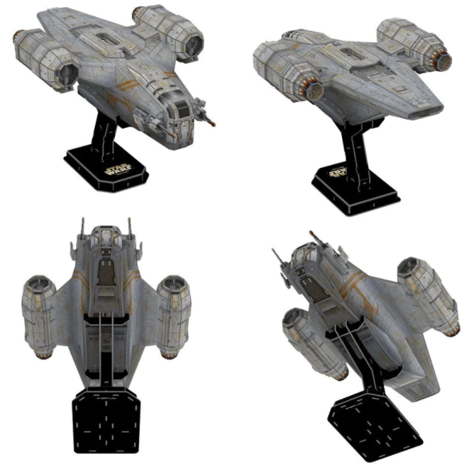 4D Star Wars The Mandalorian Razor Crest weathered grey model displayed from four angles on a black stand.