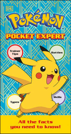 Pokémon Pocket Expert book cover with Pikachu and icons for Trainer Tips, Battles, Types, and Skills.