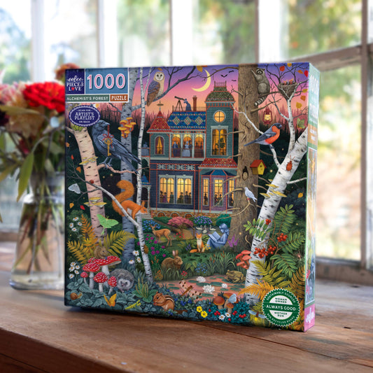 The Alchemists Forest 1000 Piece Puzzle by Vasilisa Romanenko with a forest house and animals illustration.