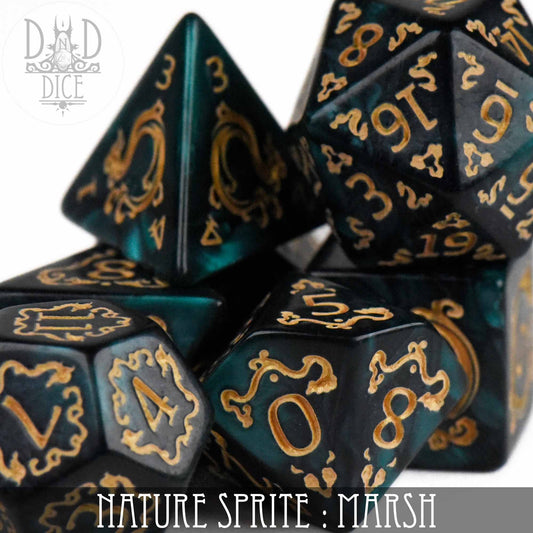 Nature Sprite: Marsh acrylic DnD dice set, black and green with gold numbers.