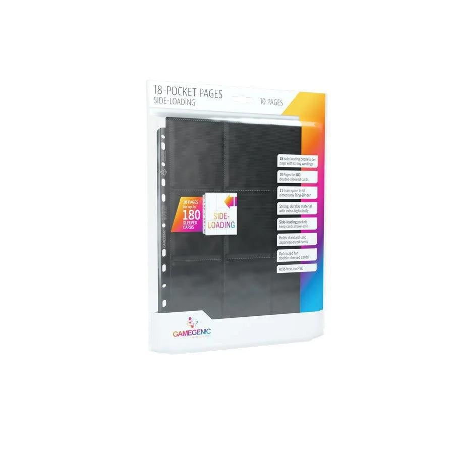 10-pack Gamegenic Sideloading 18-Pocket Black pages for trading cards.