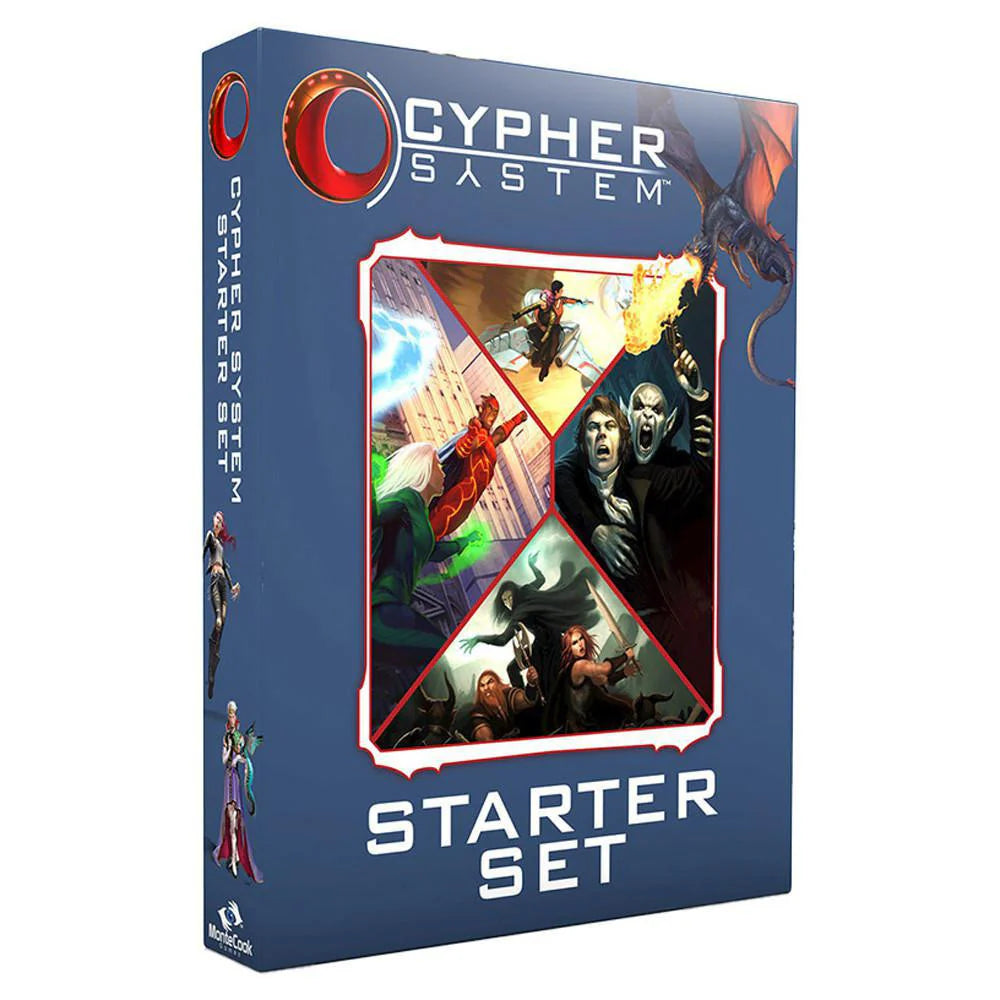 Cypher System Starter Set box featuring fantasy and sci-fi characters, action scenes, and a dragon on the cover.