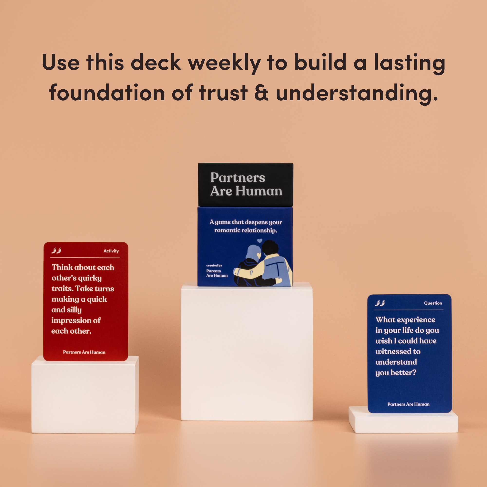 Partners Are Human Couples Edition with 3 white-stand cards for weekly trust-building activities for couples.